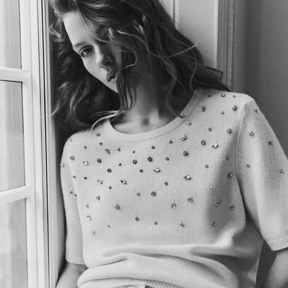 H&M White Rhinestone Embellished Knit Top
